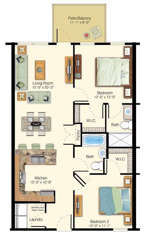Floor plan for 2 beds, 2 baths, 970 sqft